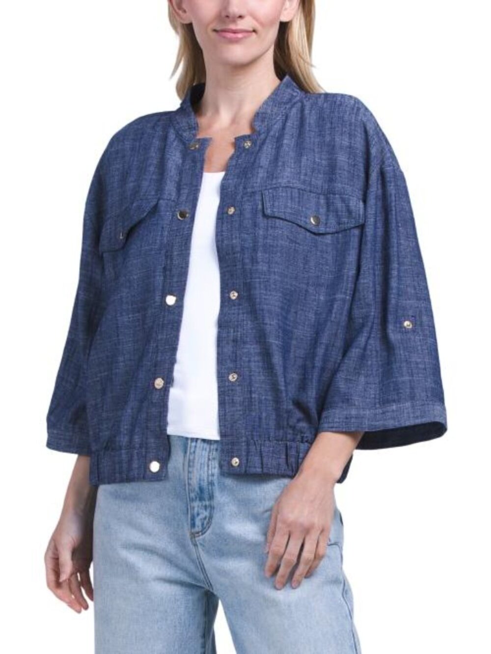 ELLEN TRACY Linen Blend Three-quarter Sleeve Chambray Bomber - Picture 1 of 4